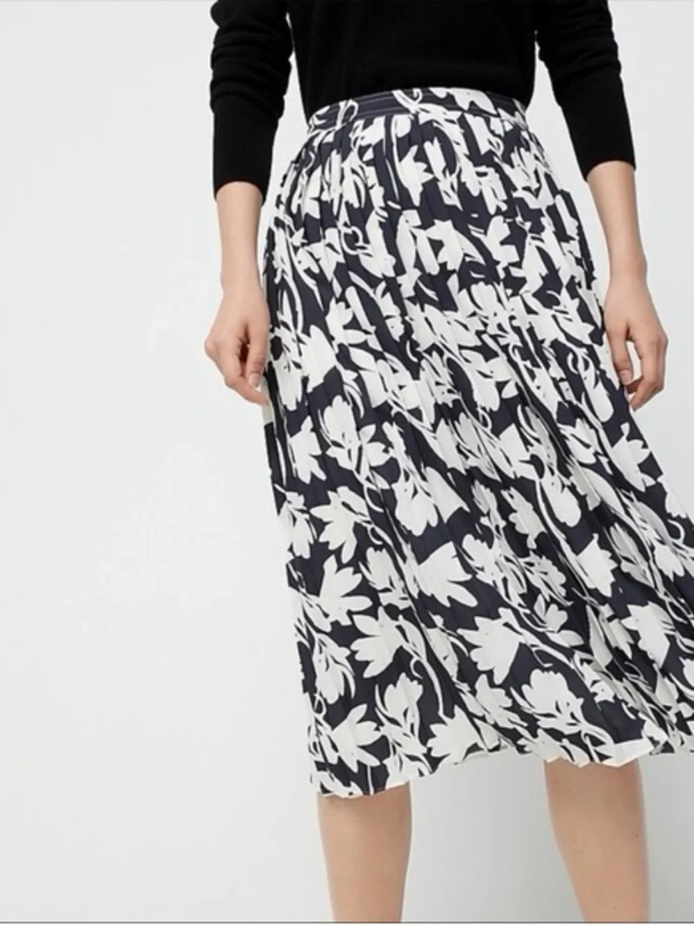 J. Crew Navy and White Floral Pleated Midi Skirt